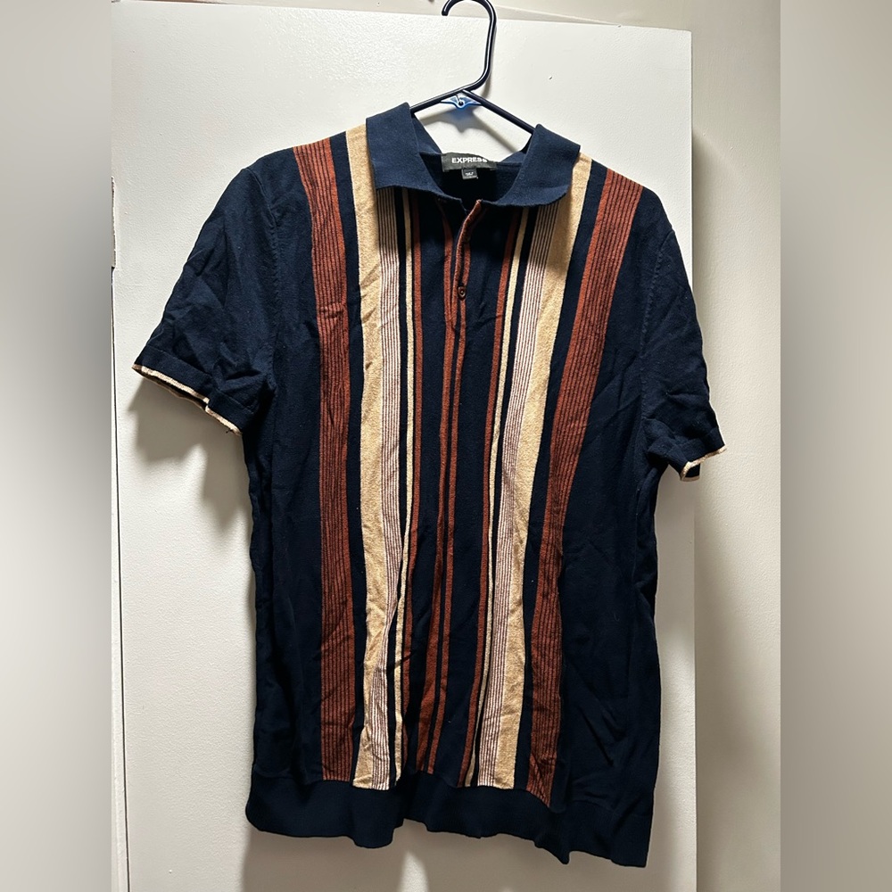 Express Men's Vertical Striped Polo Henley Short Sleeve Shirt - size L